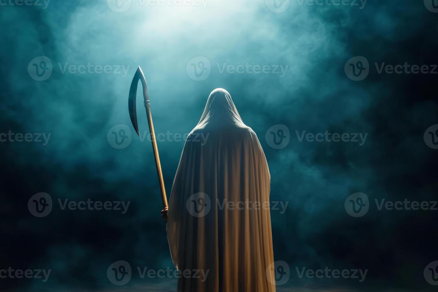 Dark hooded death figure holding a scythe stands in a thick fog photo