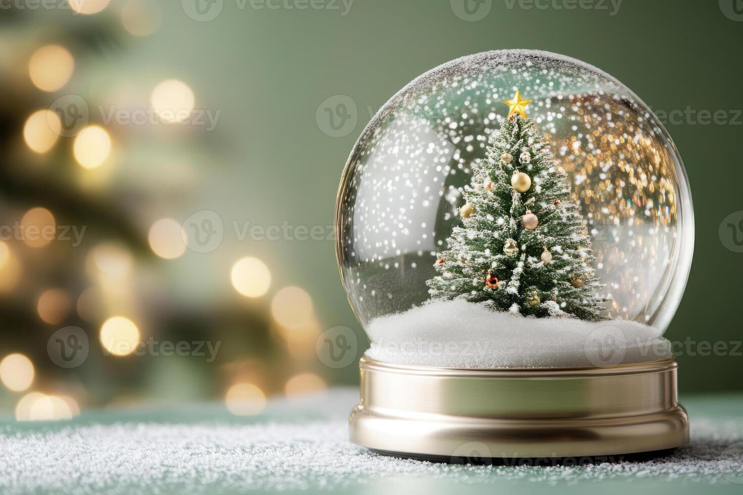 Snow globe with a Christmas tree and snowfall on a blurred green background photo