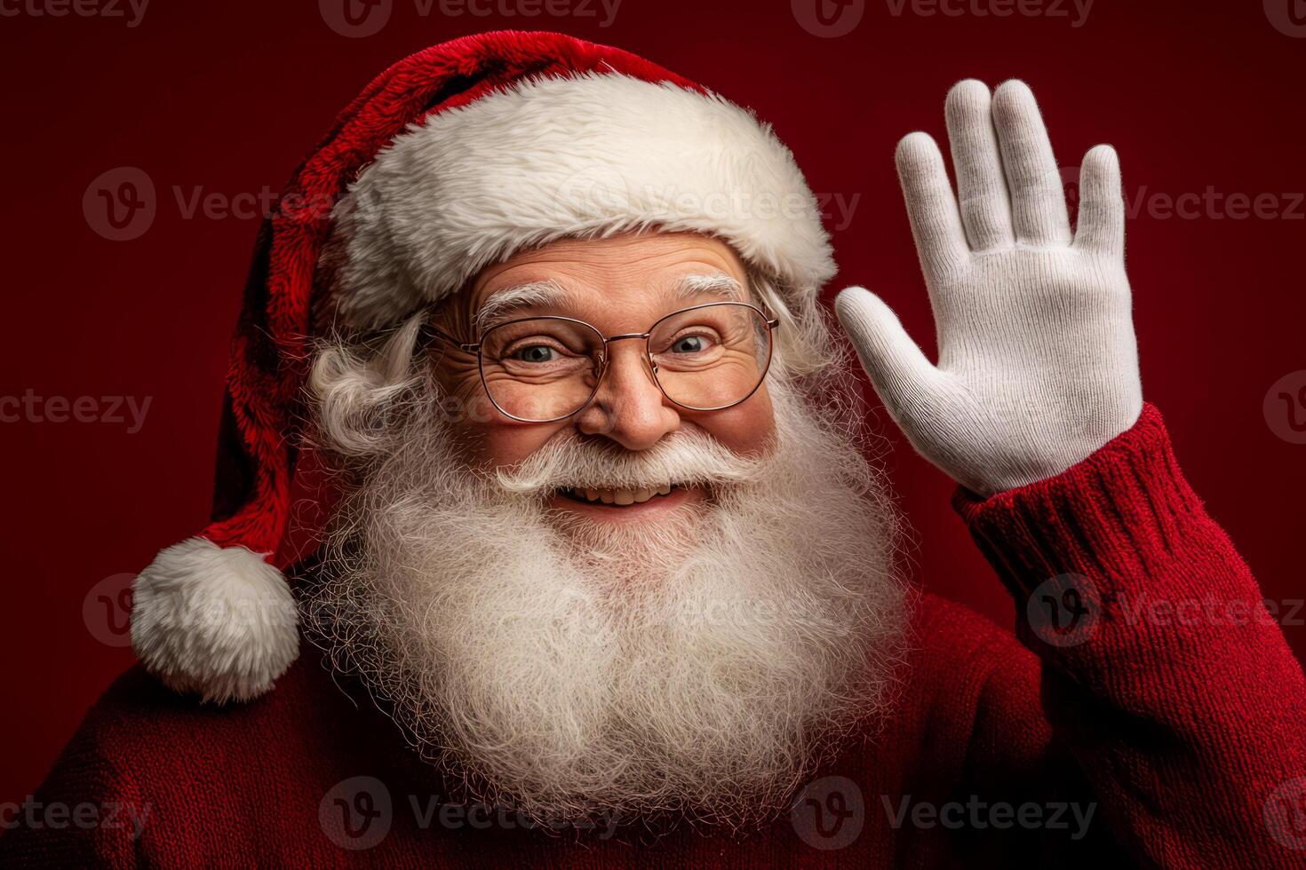 Santa Claus with glasses and a fluffy white beard waves while smiling photo
