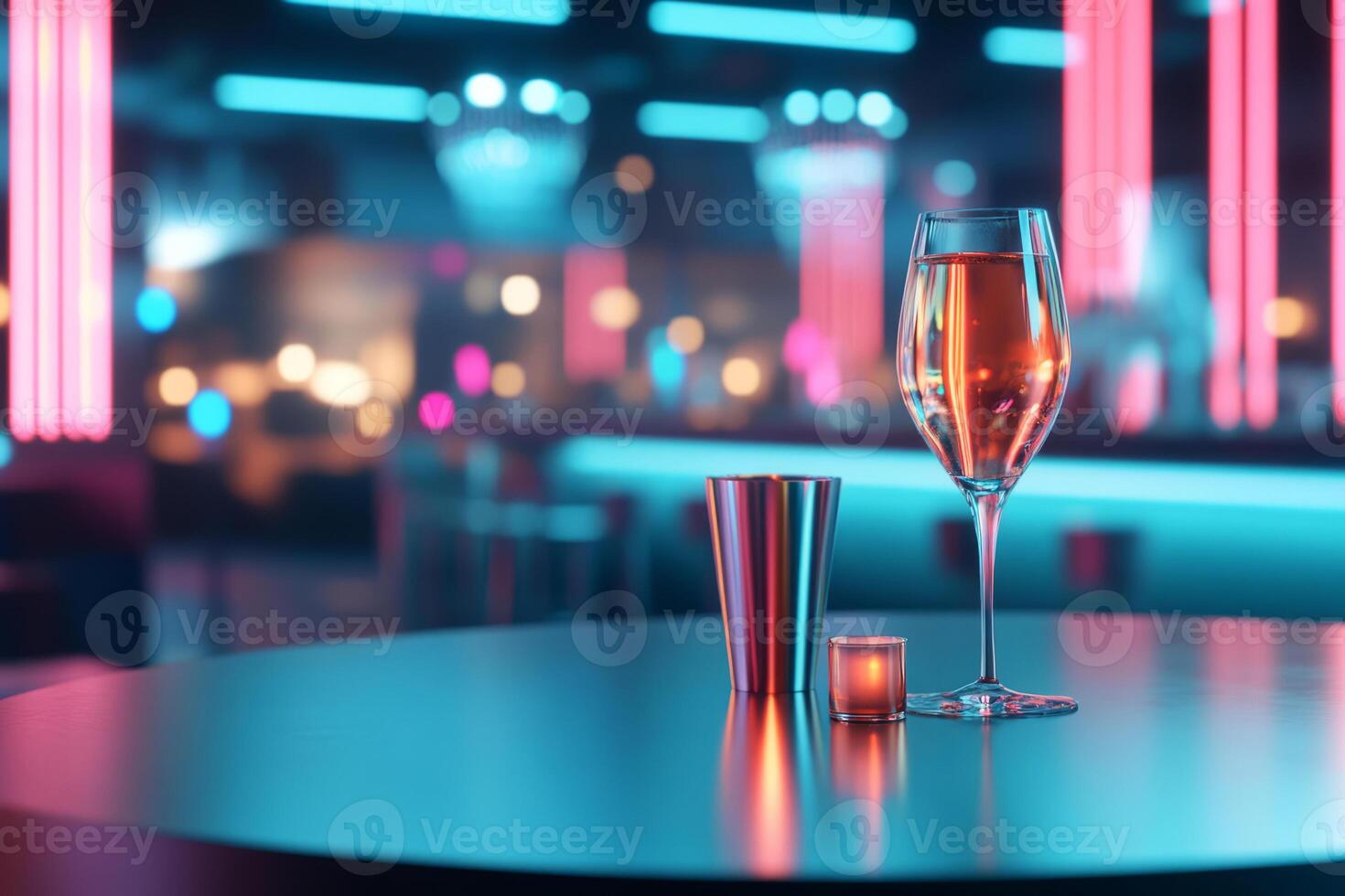 Glass of alcohol on a table in a bar with vibrant neon lighting. Atmospheric nightlife photo