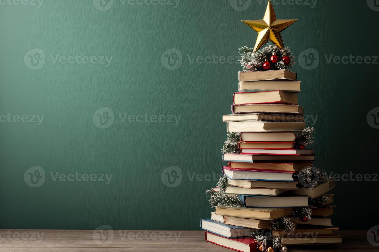 Stack of books arranged like a Christmas tree, topped with a star and ornaments photo