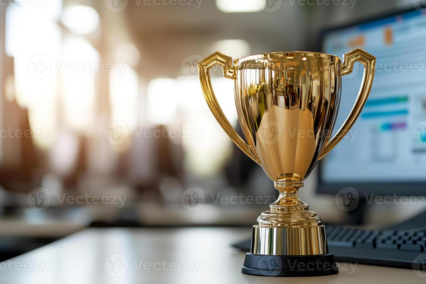 Golden trophy on a desk in a modern office environment with computers in the background photo