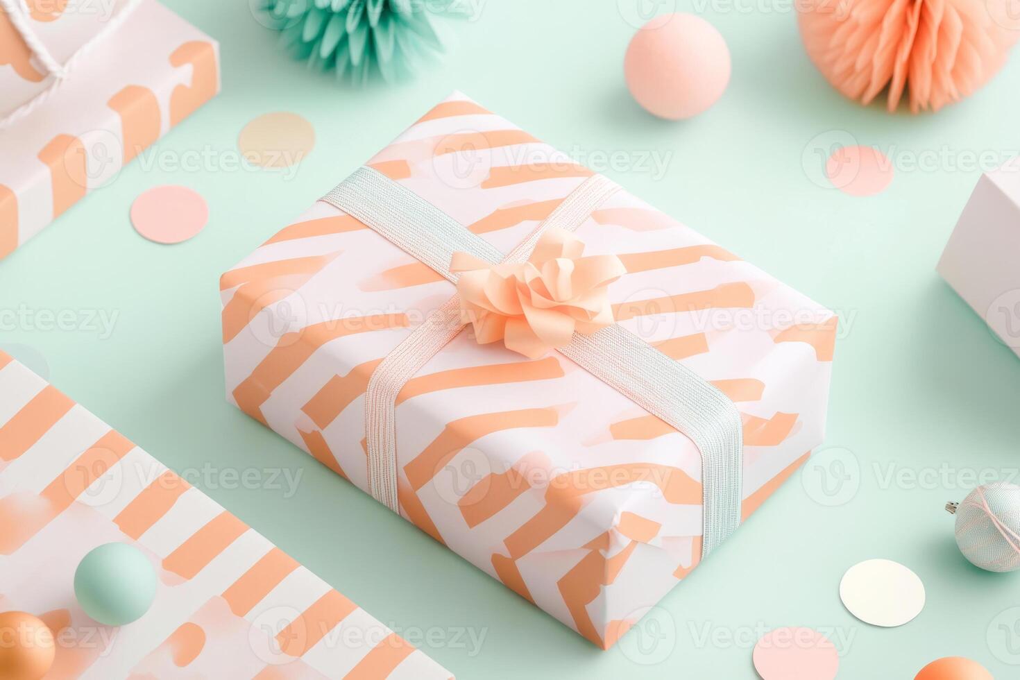 Elegant pastel colored gift boxes with soft ribbons photo