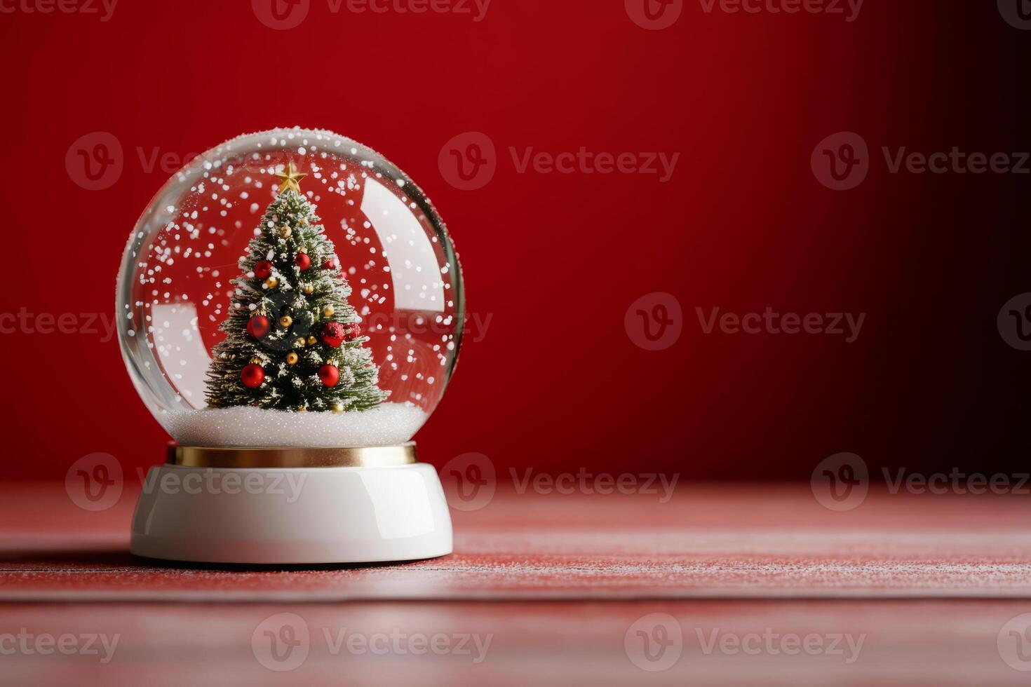 Snow globe featuring a decorated Christmas tree on a red background with glowing holiday lights photo