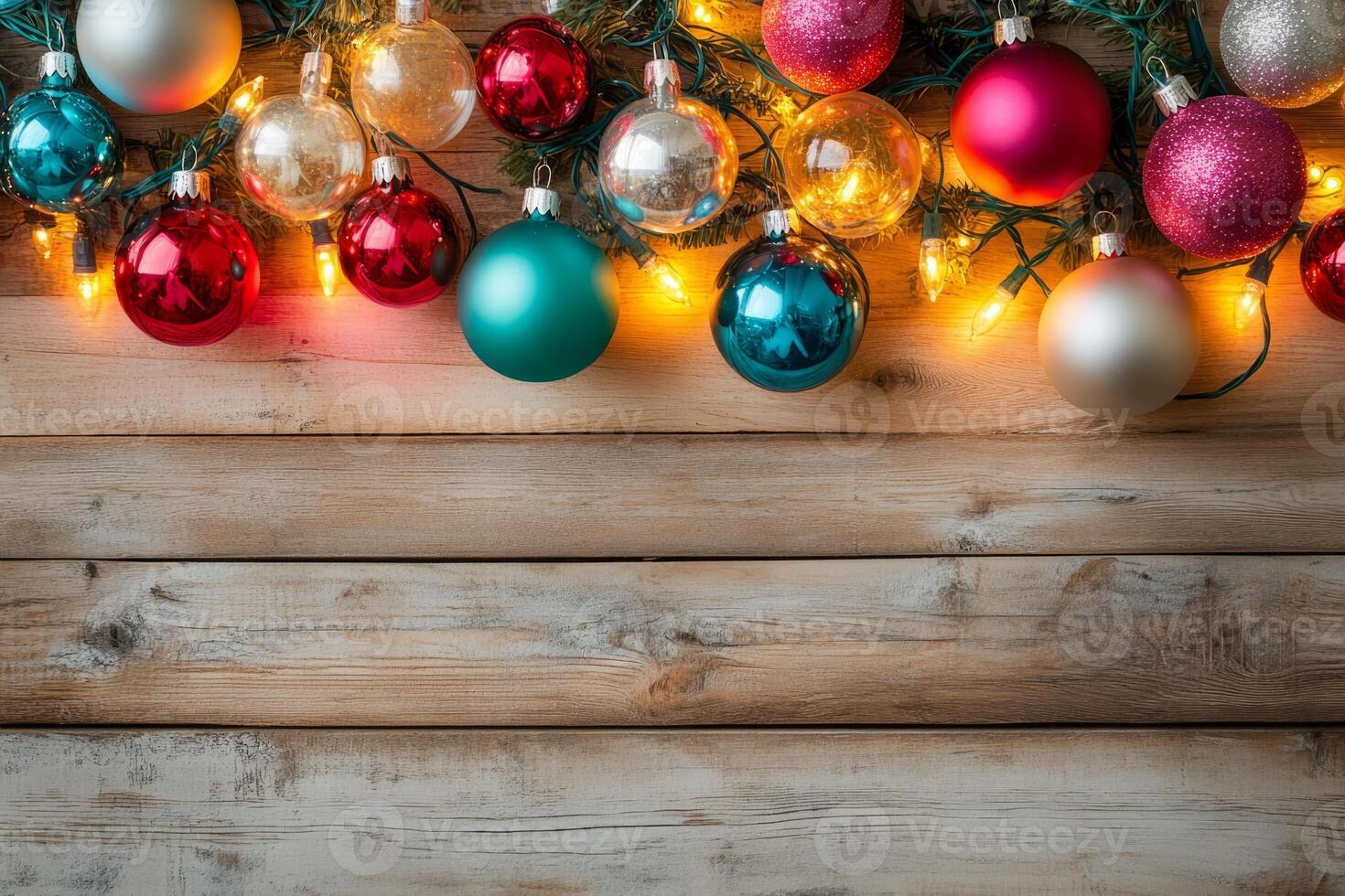 Christmas baubles and string lights on a rustic wooden surface photo