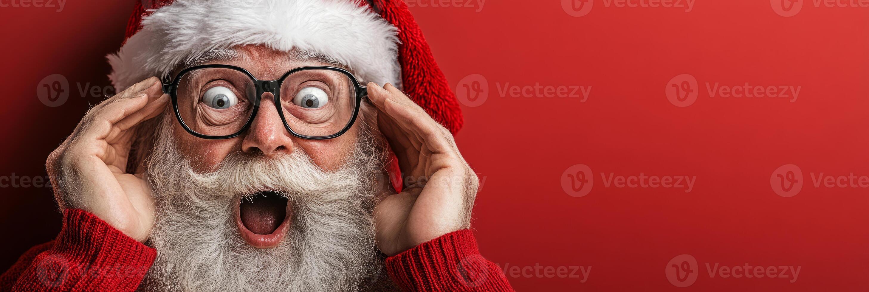 Santa Claus with wide eyes and an expression of surprise on a red background photo