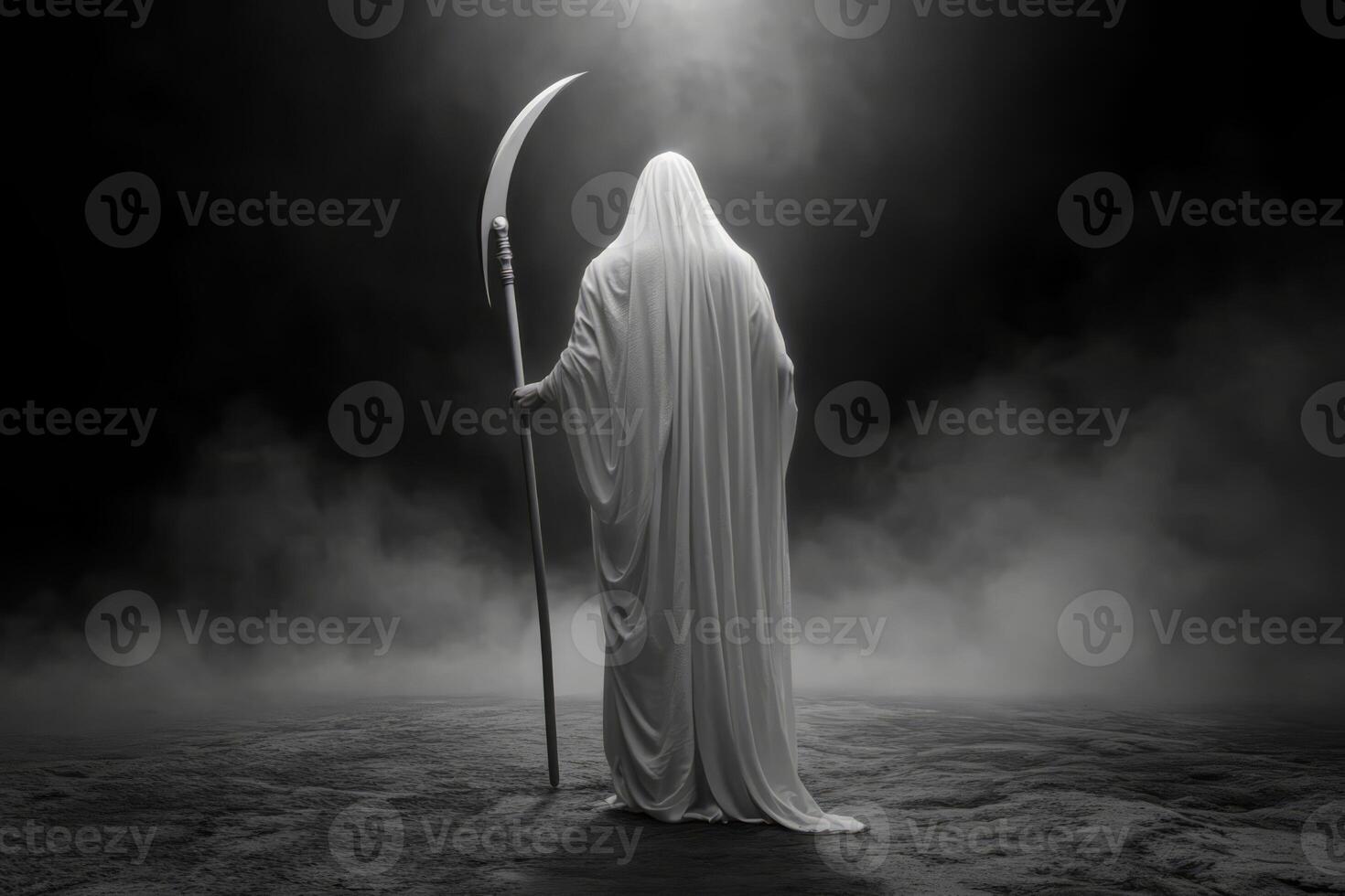 Dark hooded death figure holding a scythe stands in a thick fog photo