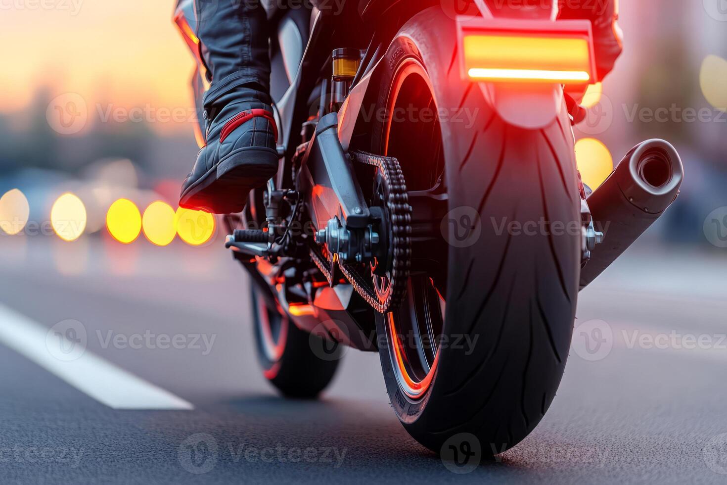 Motorcycle on a road with headlights in the background photo