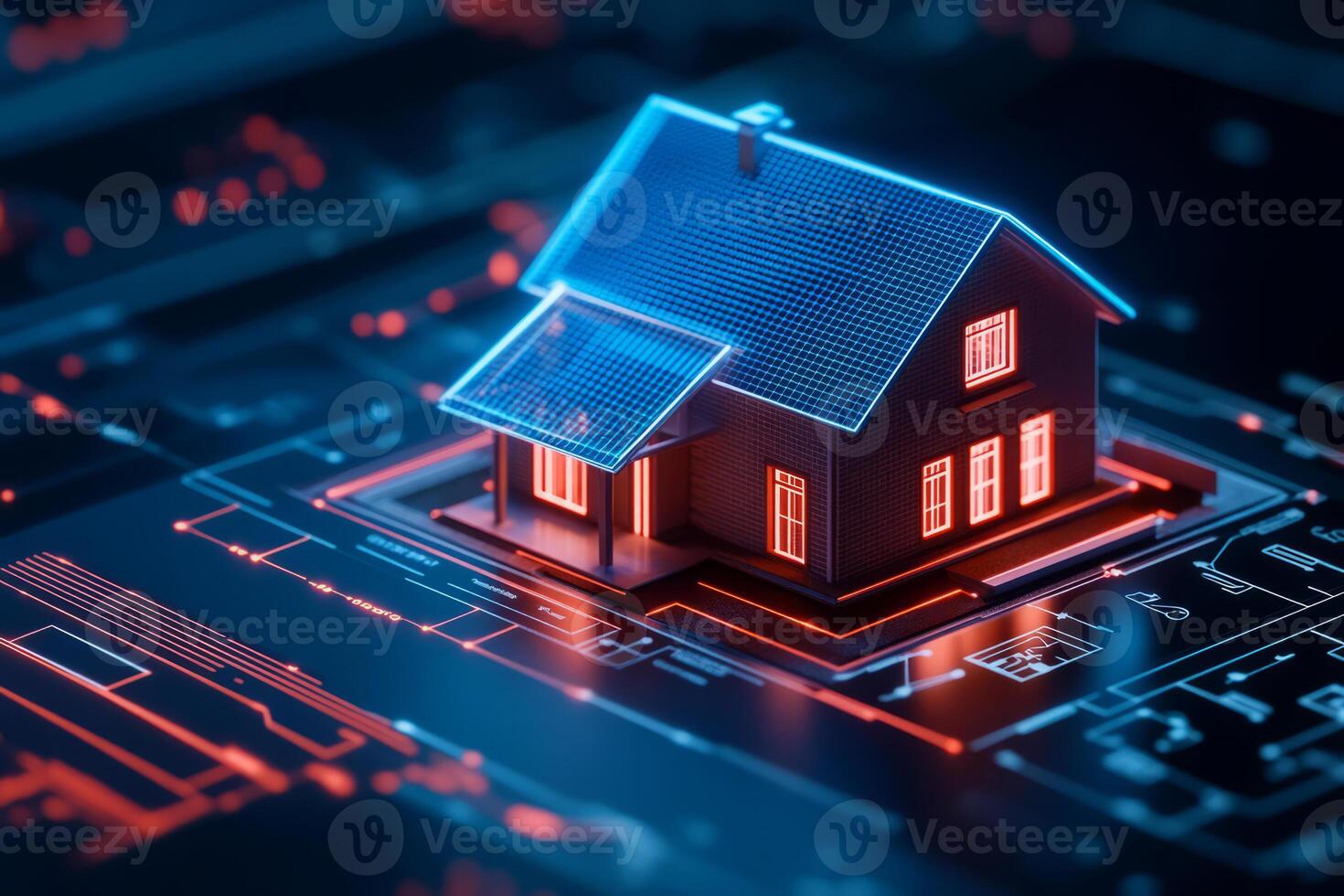 3D model of a smart home with illuminated blue accents. Futuristic architecture, technology integration photo