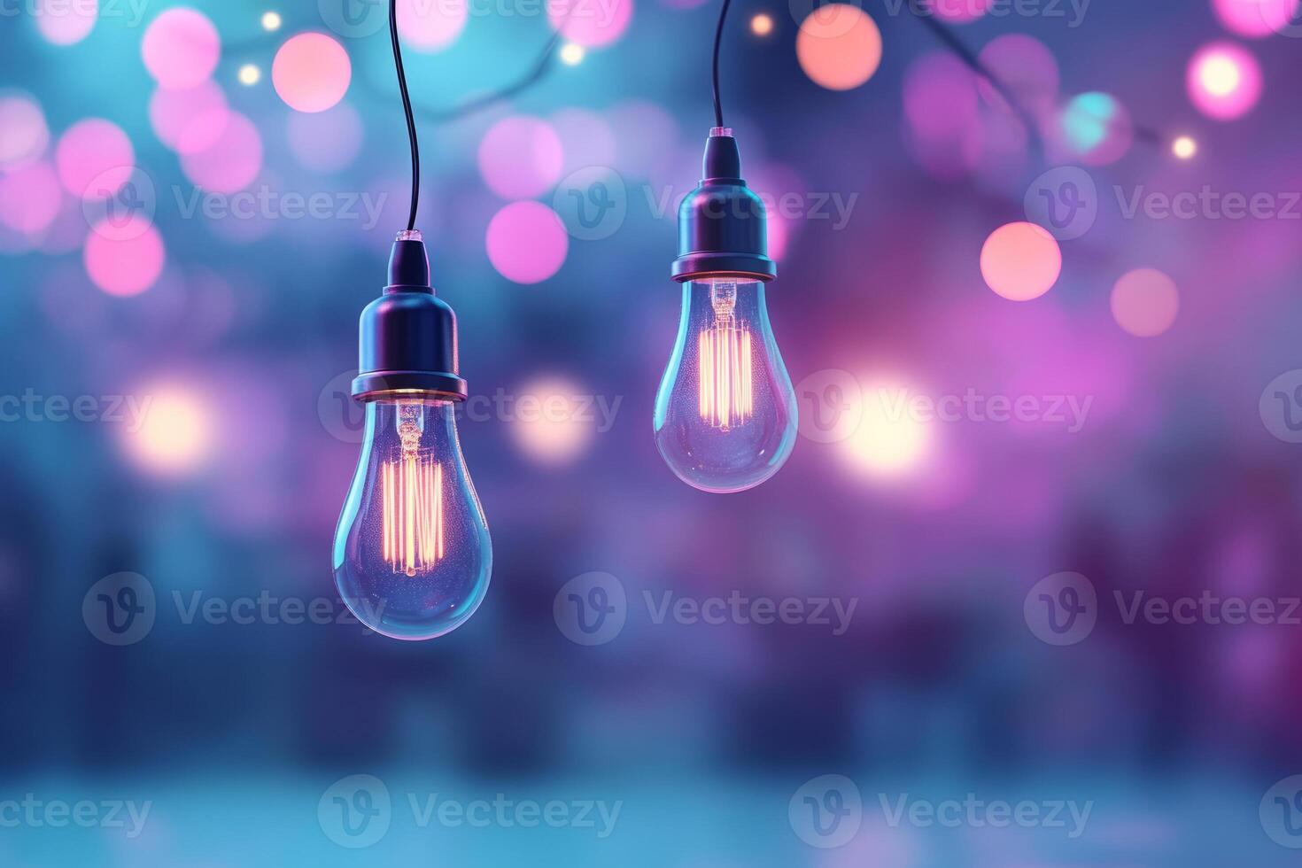 Vintage bulbs hanging on a bokeh background of colorful lights photo