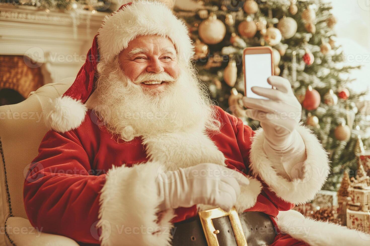 Smiling Santa Claus in a vintage setting use a smartphone while sitting near a Christmas tree photo