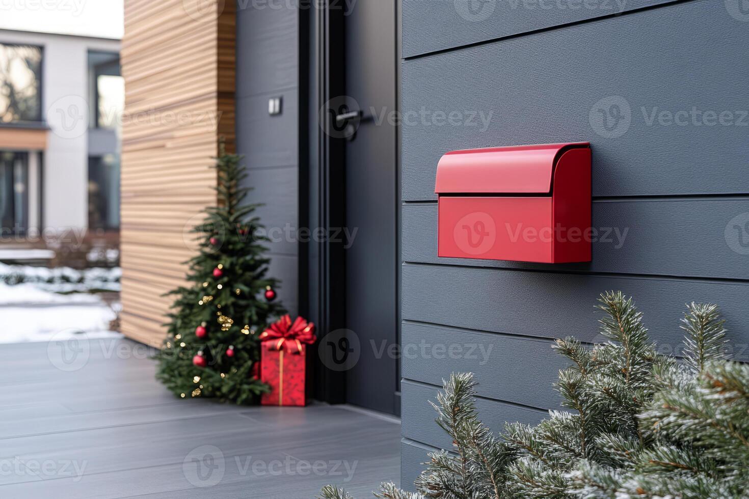 Red mailbox on a wall with a Christmas tree in the background photo