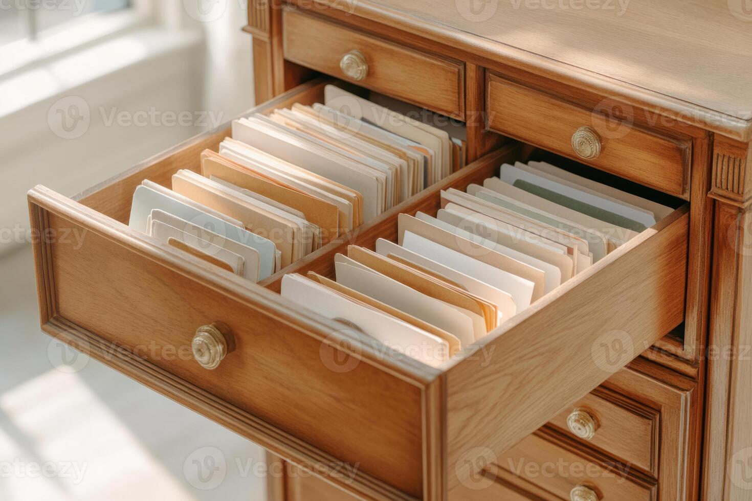 Open drawer of a vintage wooden filing cabinet filled with old paper documents photo