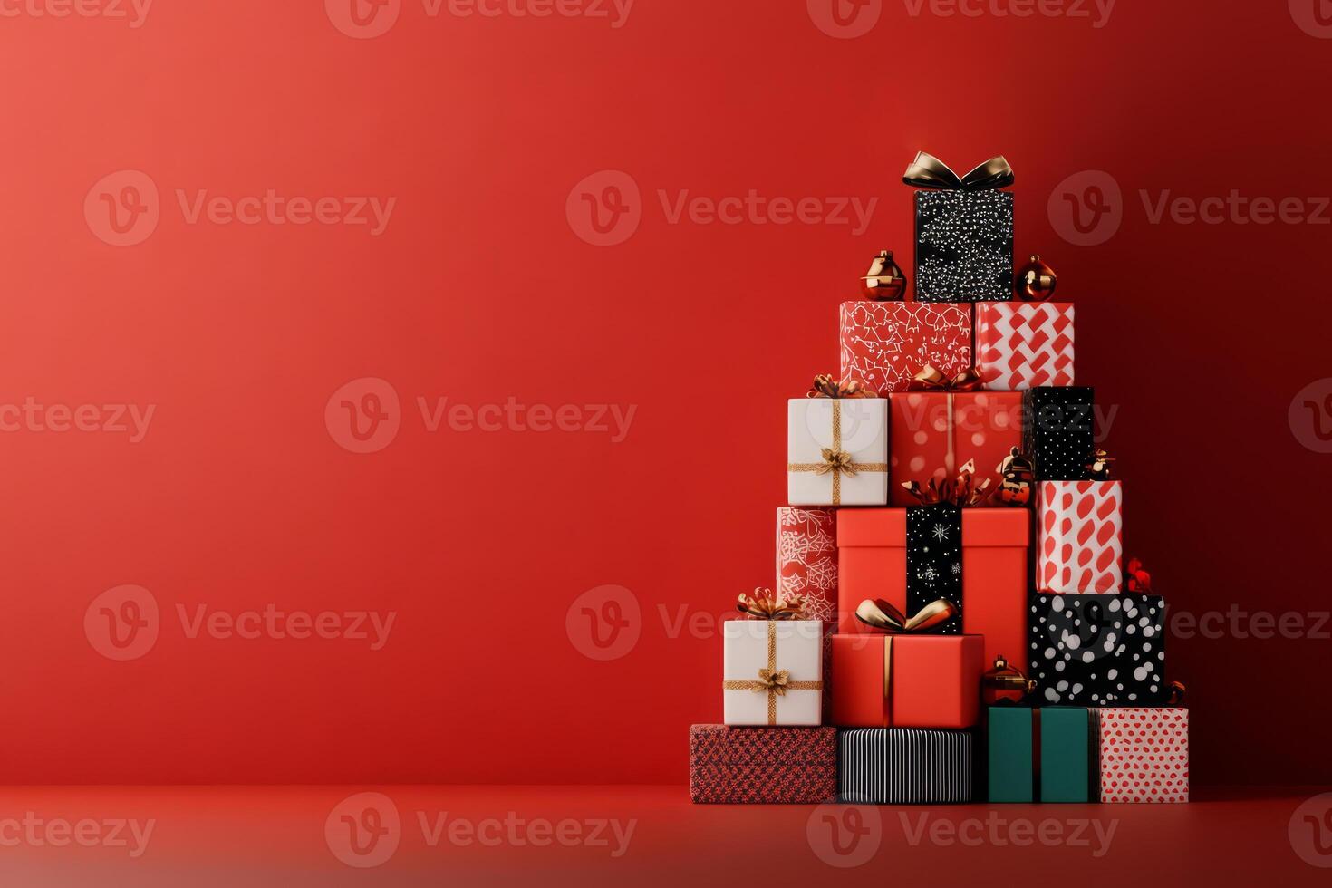 Stack of Christmas presents wrapped in patterned paper on red background photo
