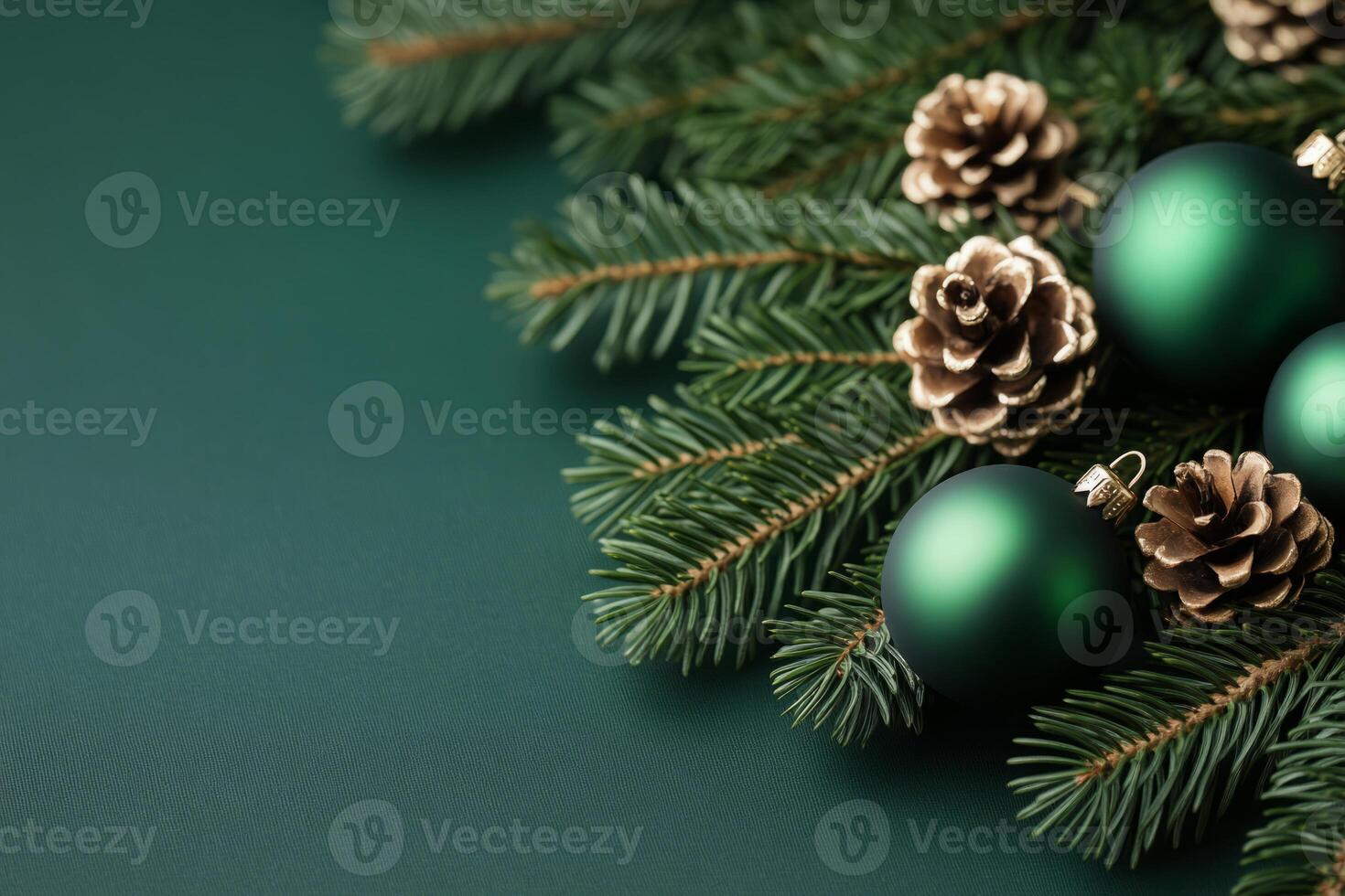 Christmas ornaments, pine branches on green background photo