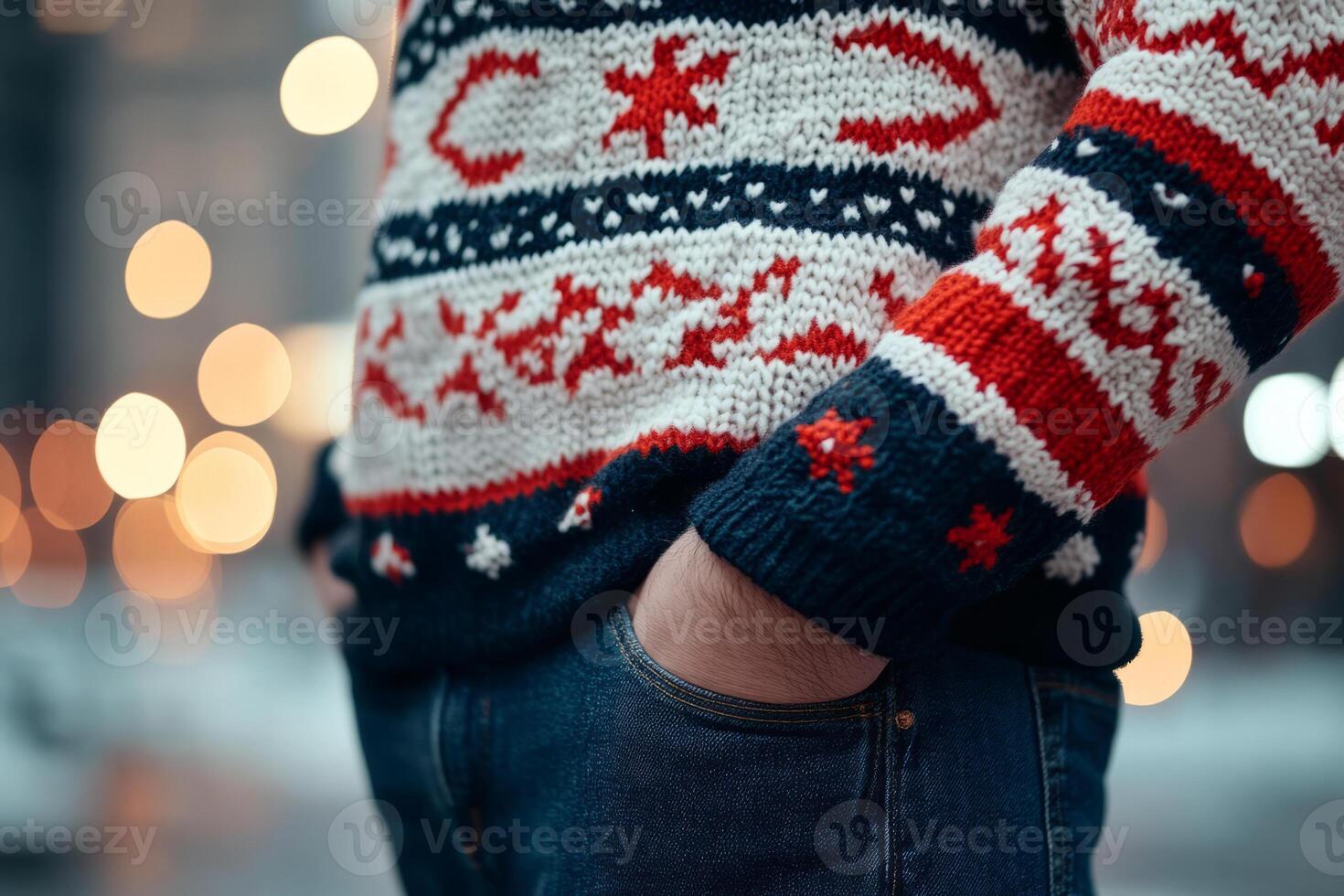 Man wearing a colorful Christmas sweater with warm holiday lights photo
