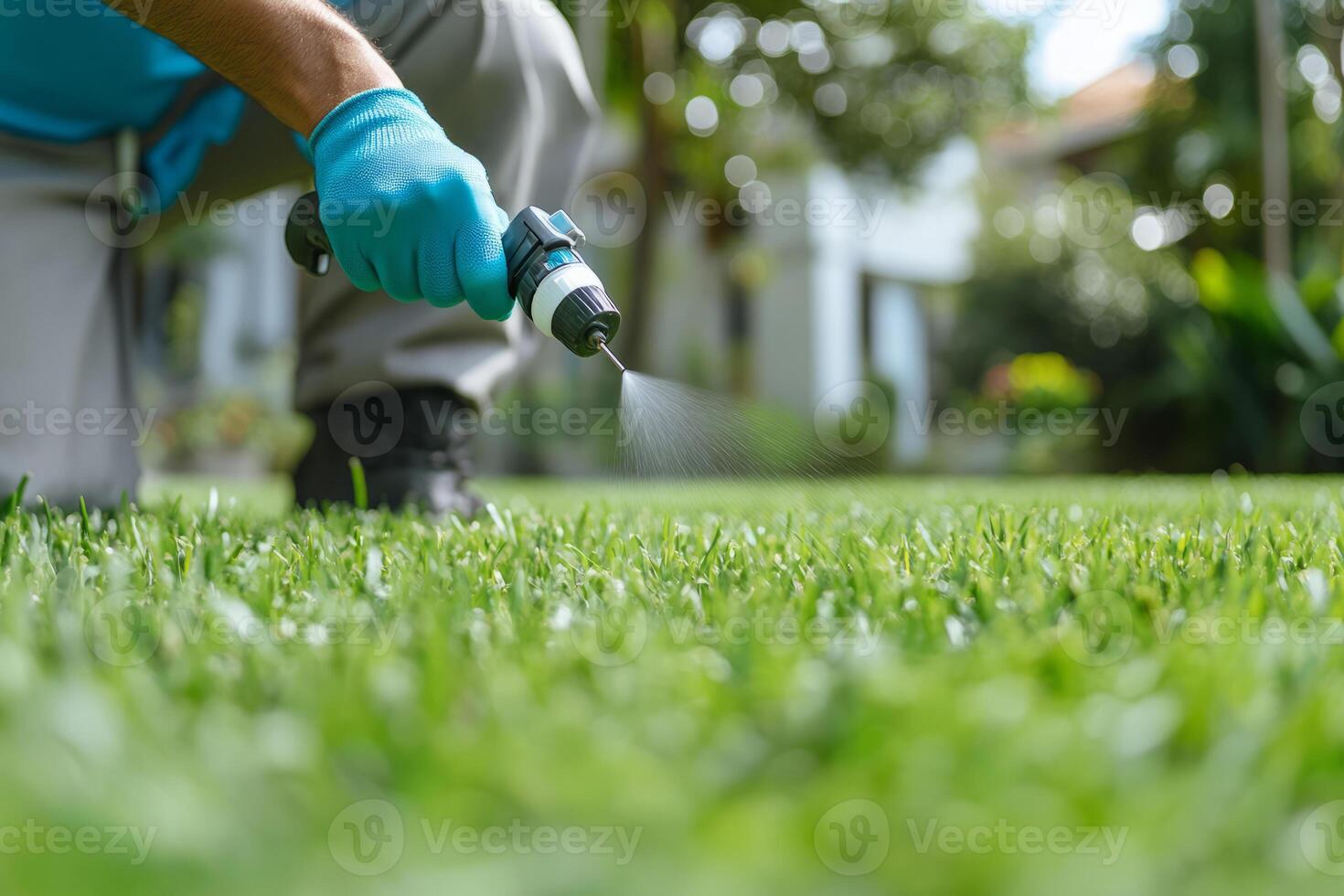 Gardener sprays pesticide on a lawn. Plant protection photo