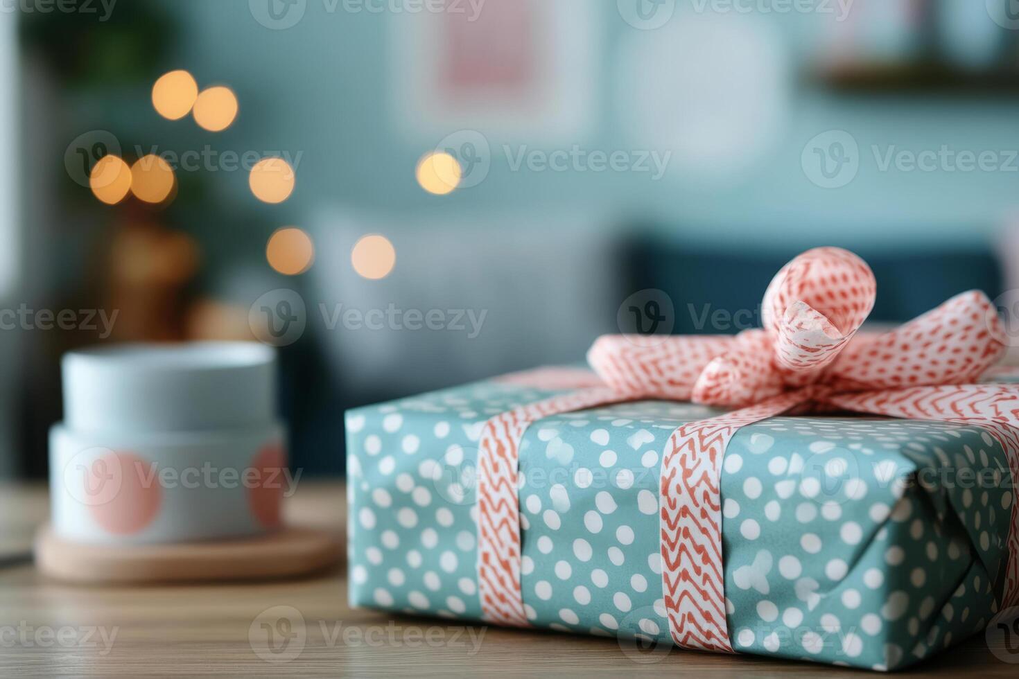 Festive gift box wrapped in paper with ribbon placed on a table photo