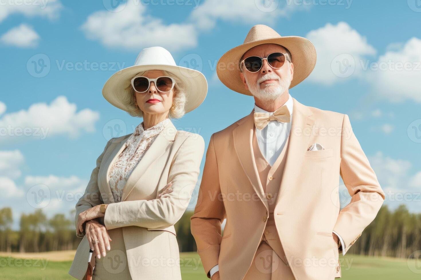 Stylish couple wearing formal hats in elegant outfits photo