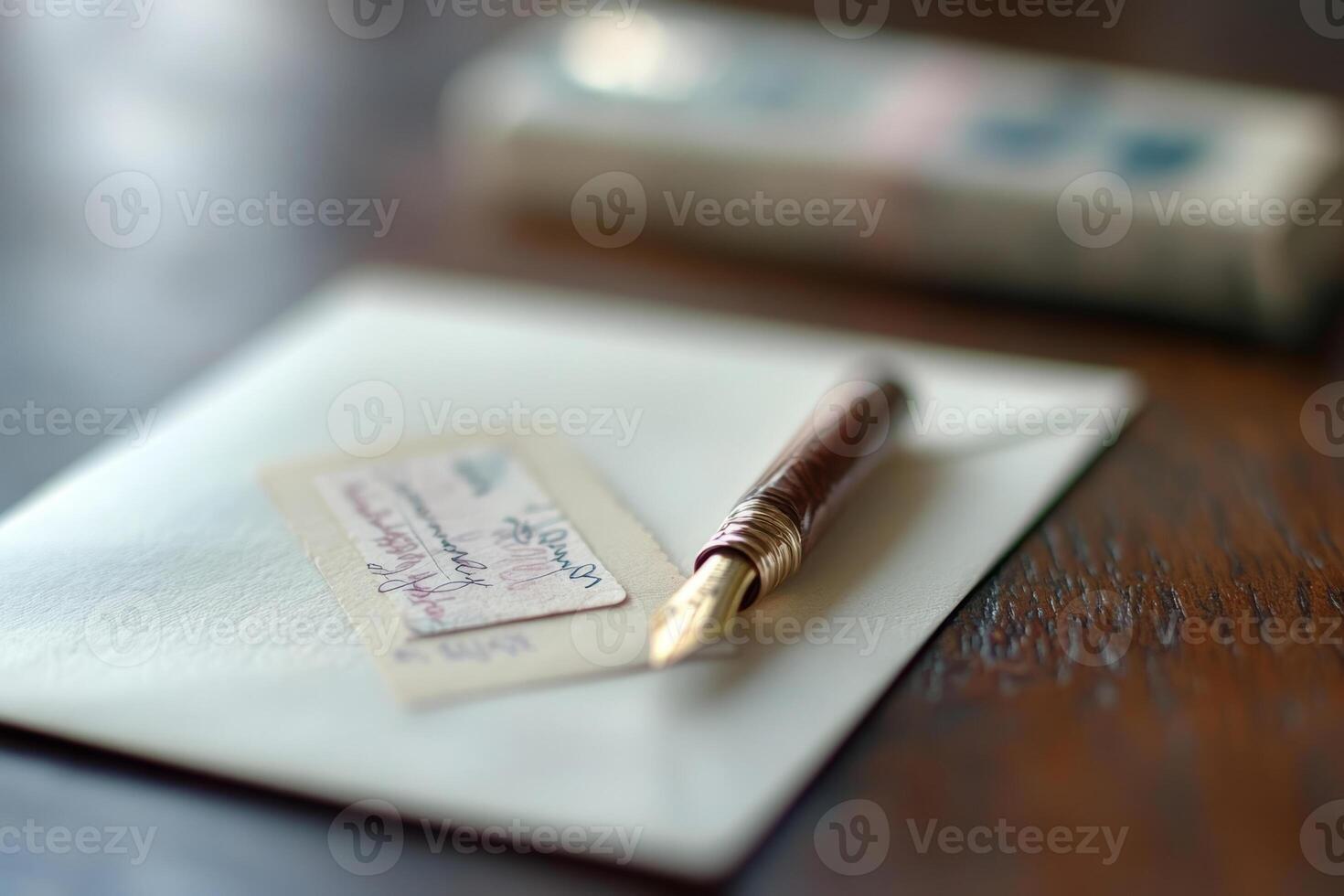Fountain pen placed on an addressed envelope. Handwritten correspondence, personal communication photo