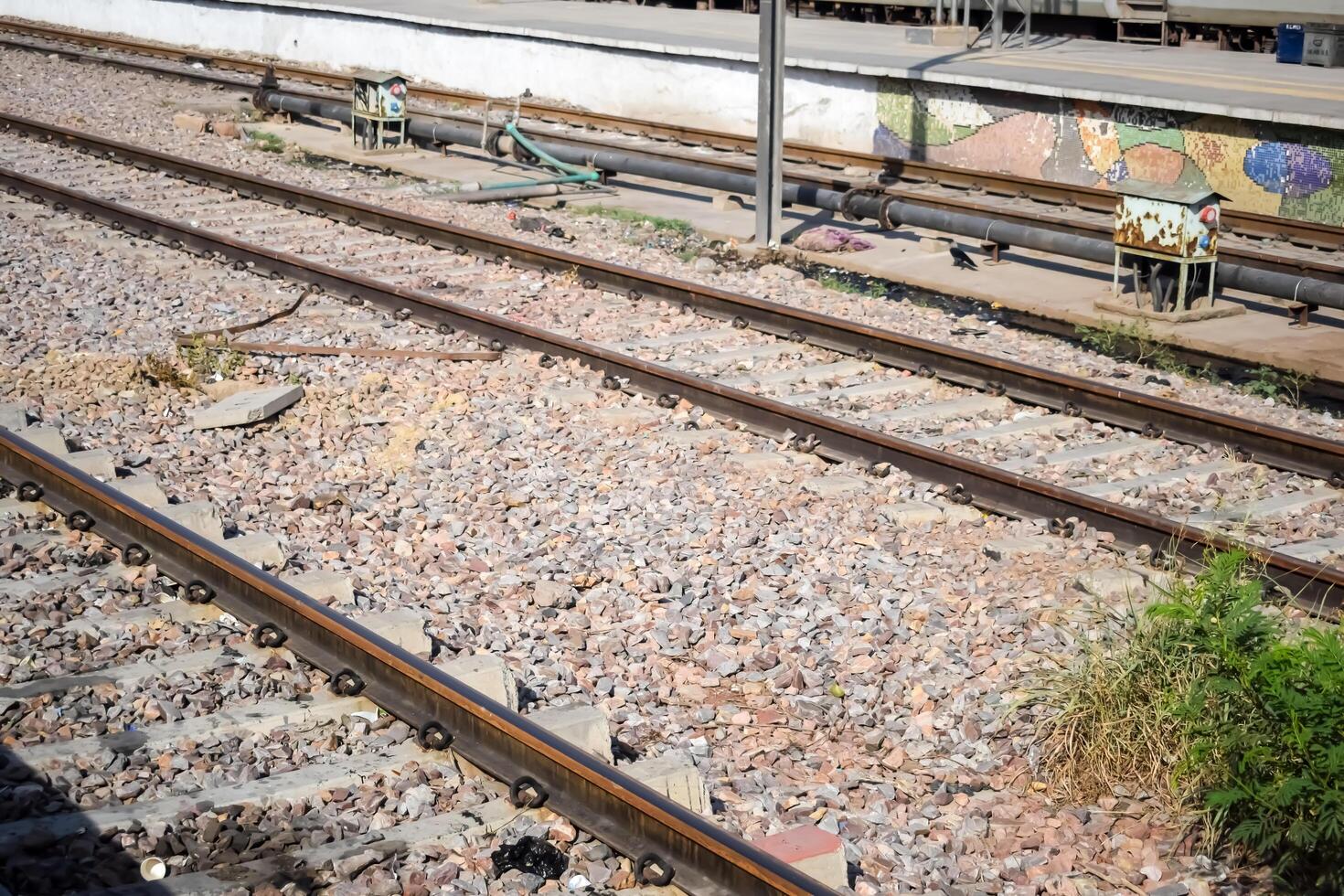 View of train Railway Tracks from the middle during daytime at Amritsar railway station in India, Train railway track view, Indian Railway junction, Heavy industry photo