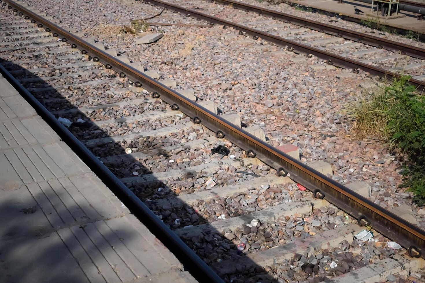 View of train Railway Tracks from the middle during daytime at Amritsar railway station in India, Train railway track view, Indian Railway junction, Heavy industry photo