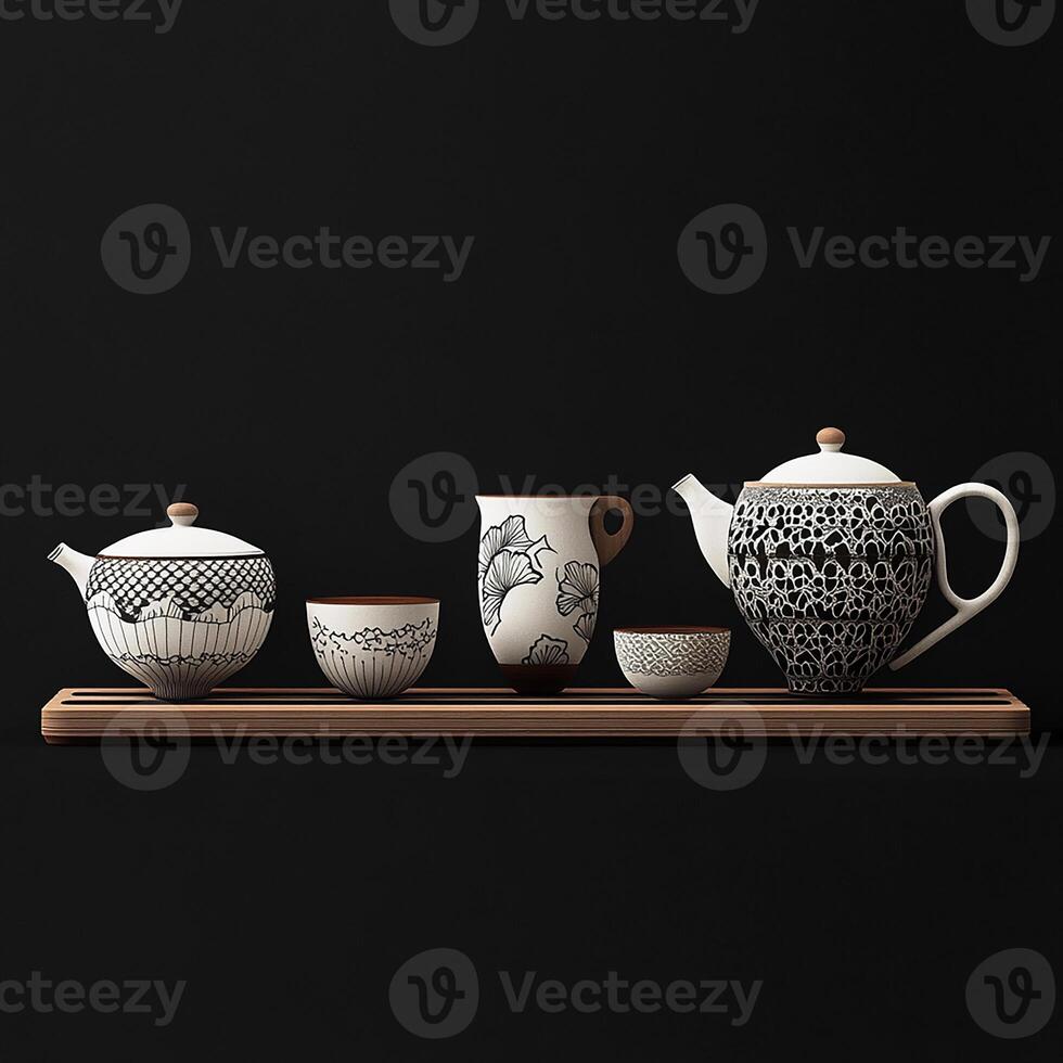 Tea set on a shelf with black background photo