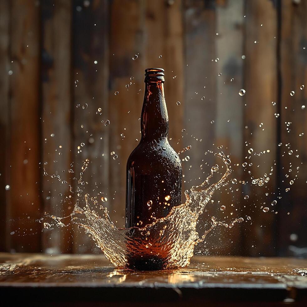 A bottle of beer splashing water on a table photo