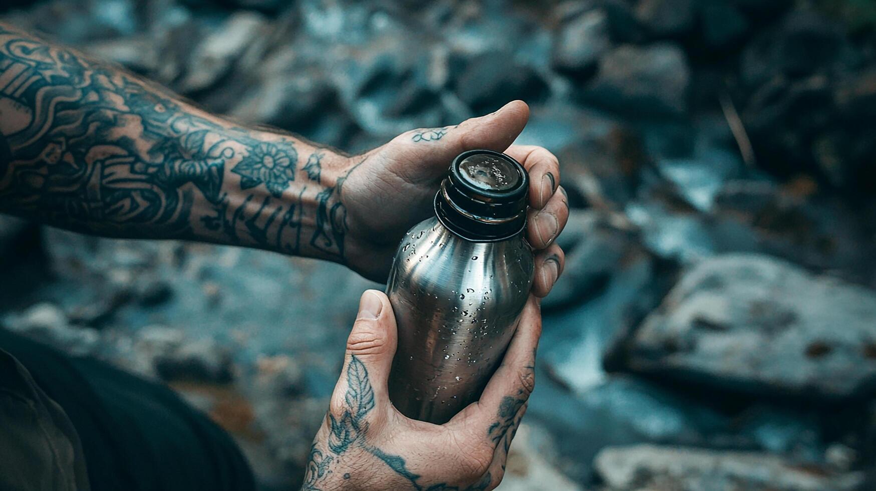 A man with tattoos holding a metal water bottle photo