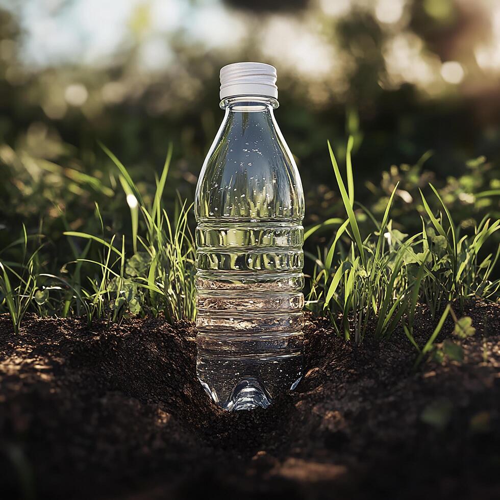 A plastic bottle sitting in the grass photo