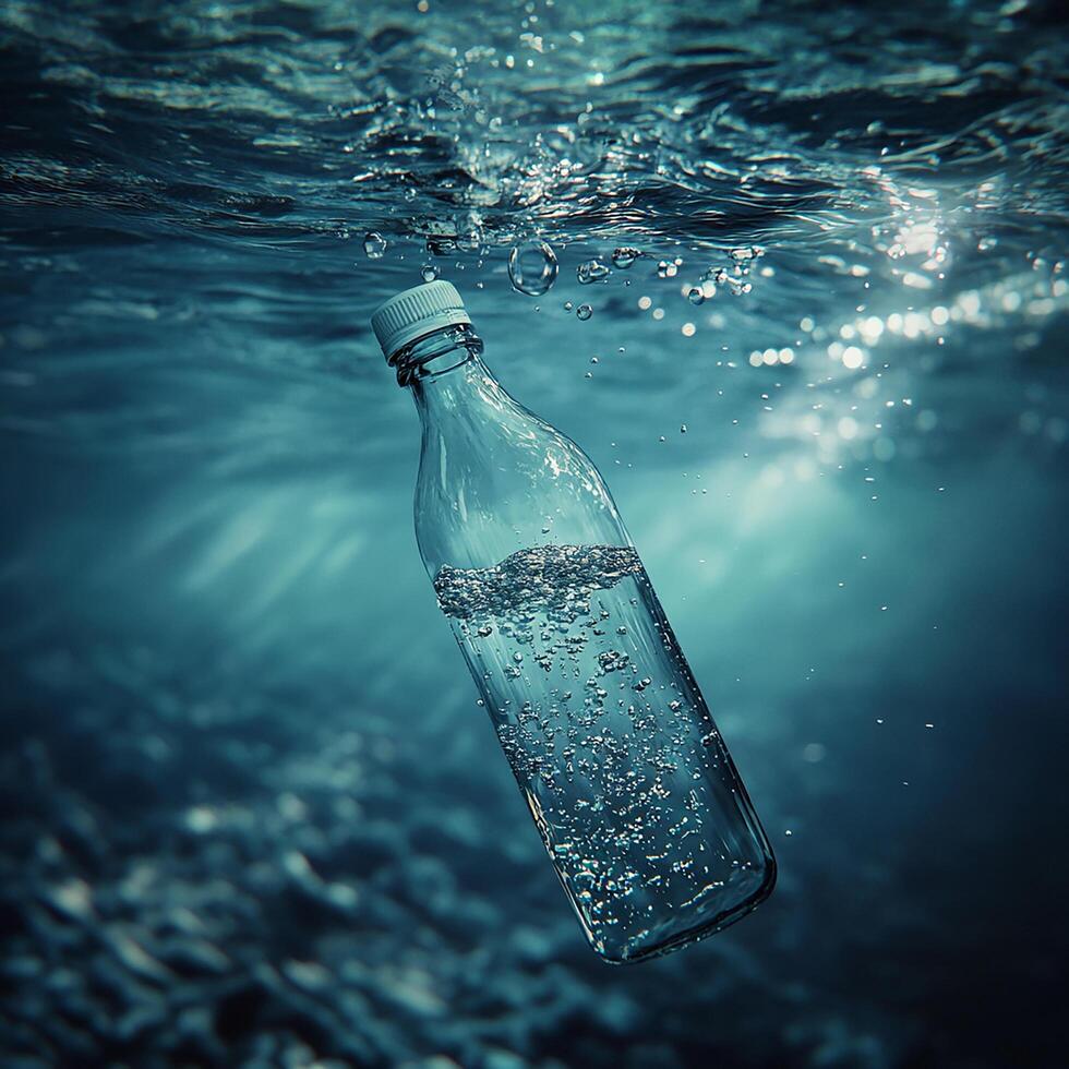 A bottle floating in the ocean with water photo
