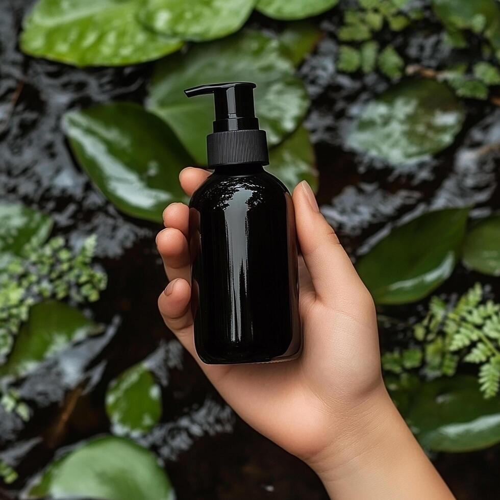 A person holding a black bottle of soap in front of a pond photo