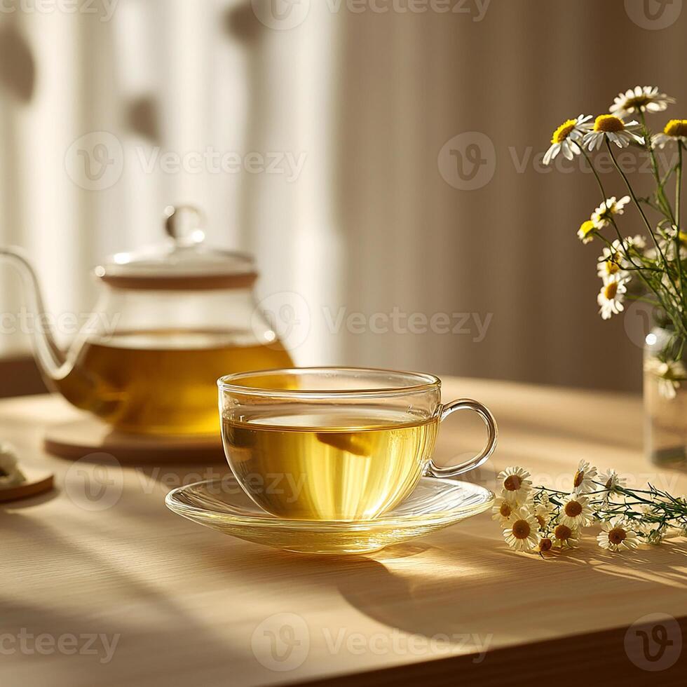 A cup of tea and a vase of flowers on a table photo