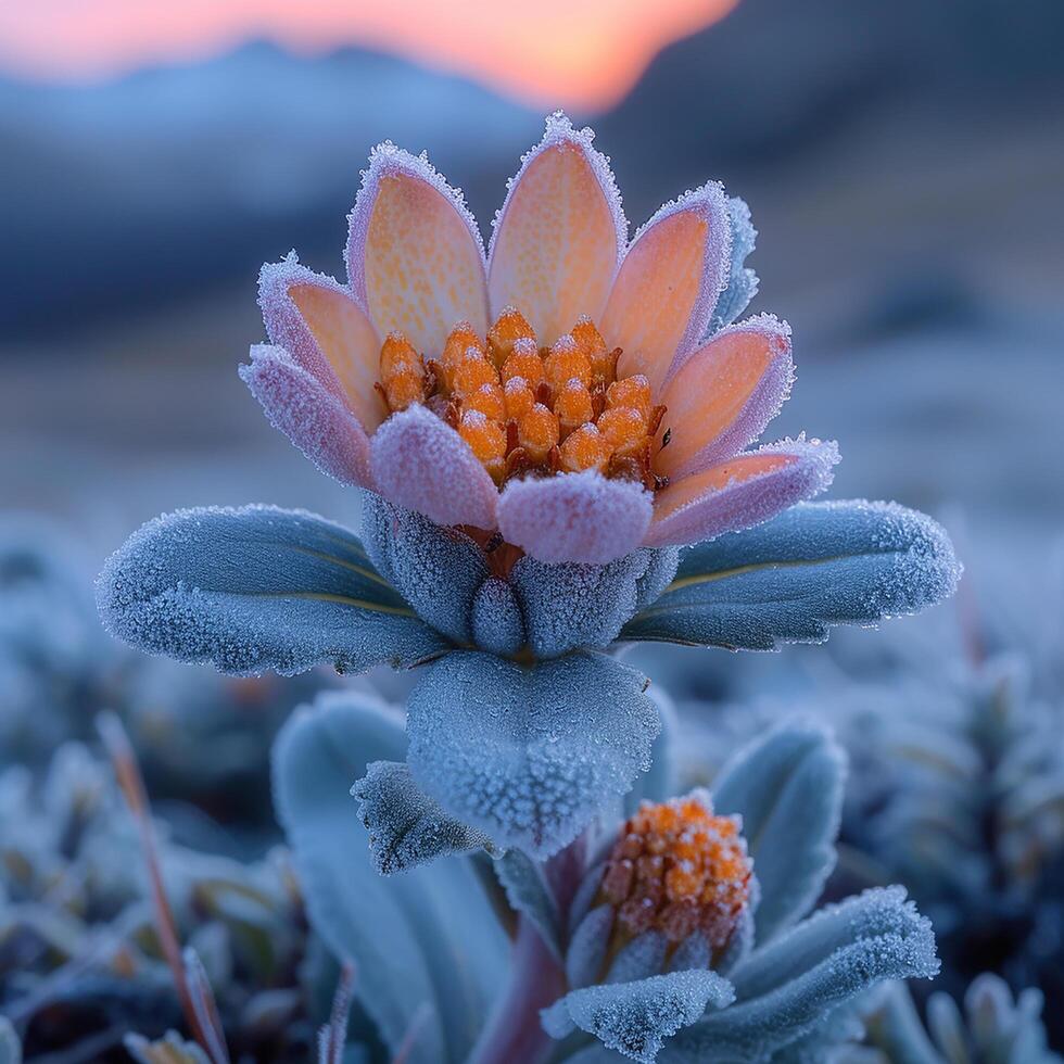 A flower with frost on it in the mountains photo