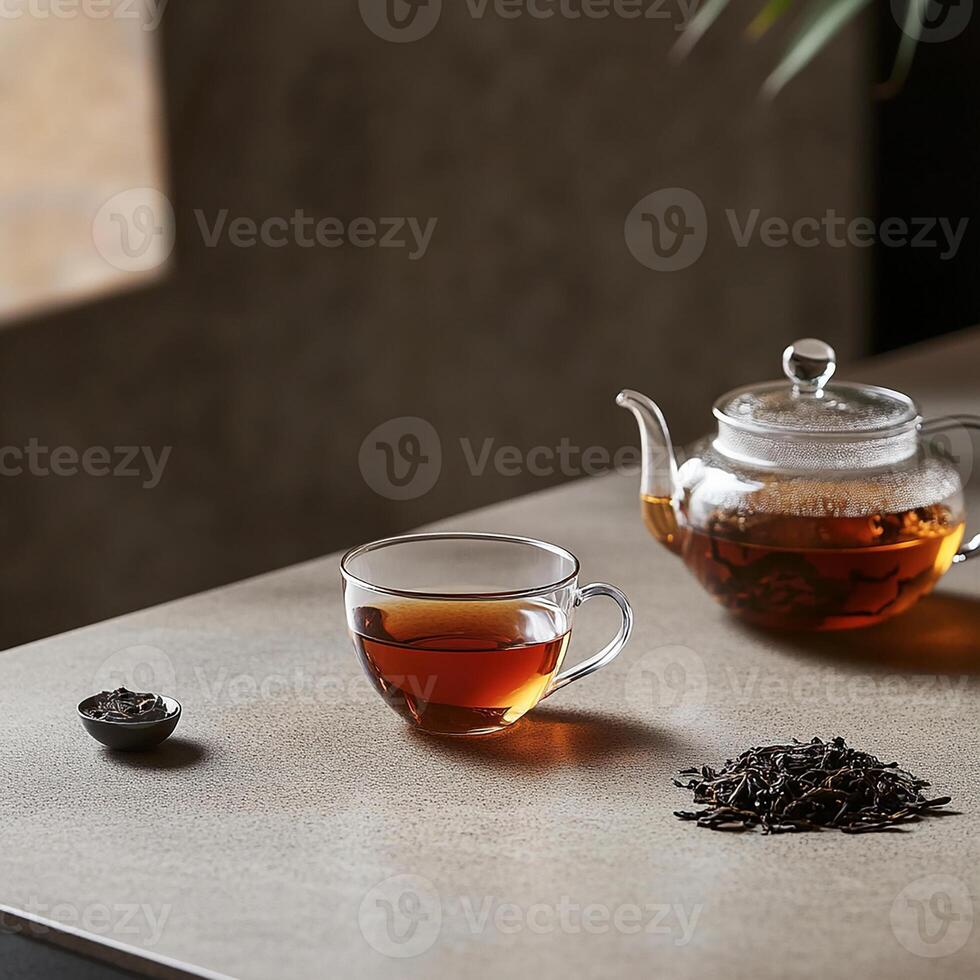 A teapot and a cup of tea sit on a table photo