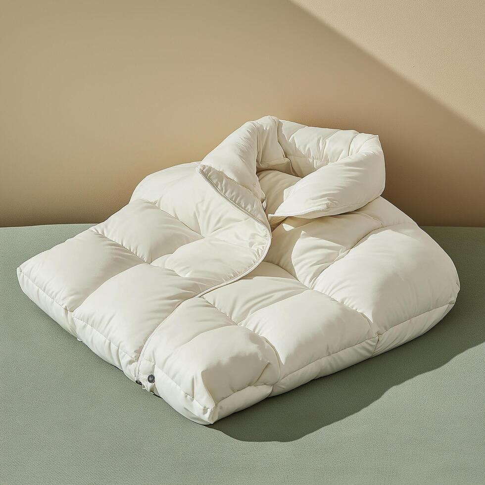 A white down filled puffer jacket on a green surface photo