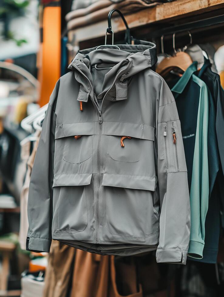 A jacket hanging on a rack in a store photo