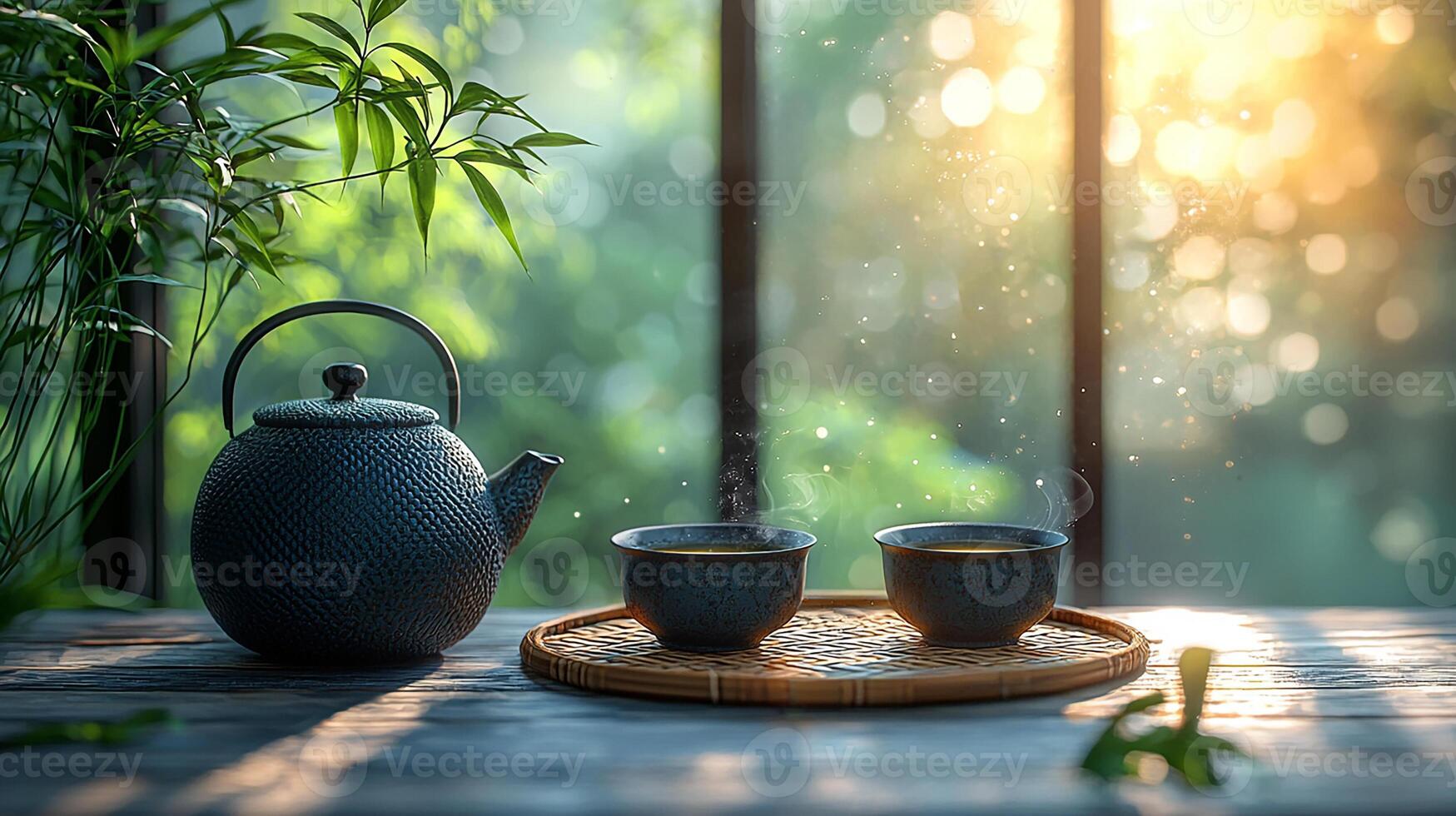 Tea and coffee on a wooden table with a window photo