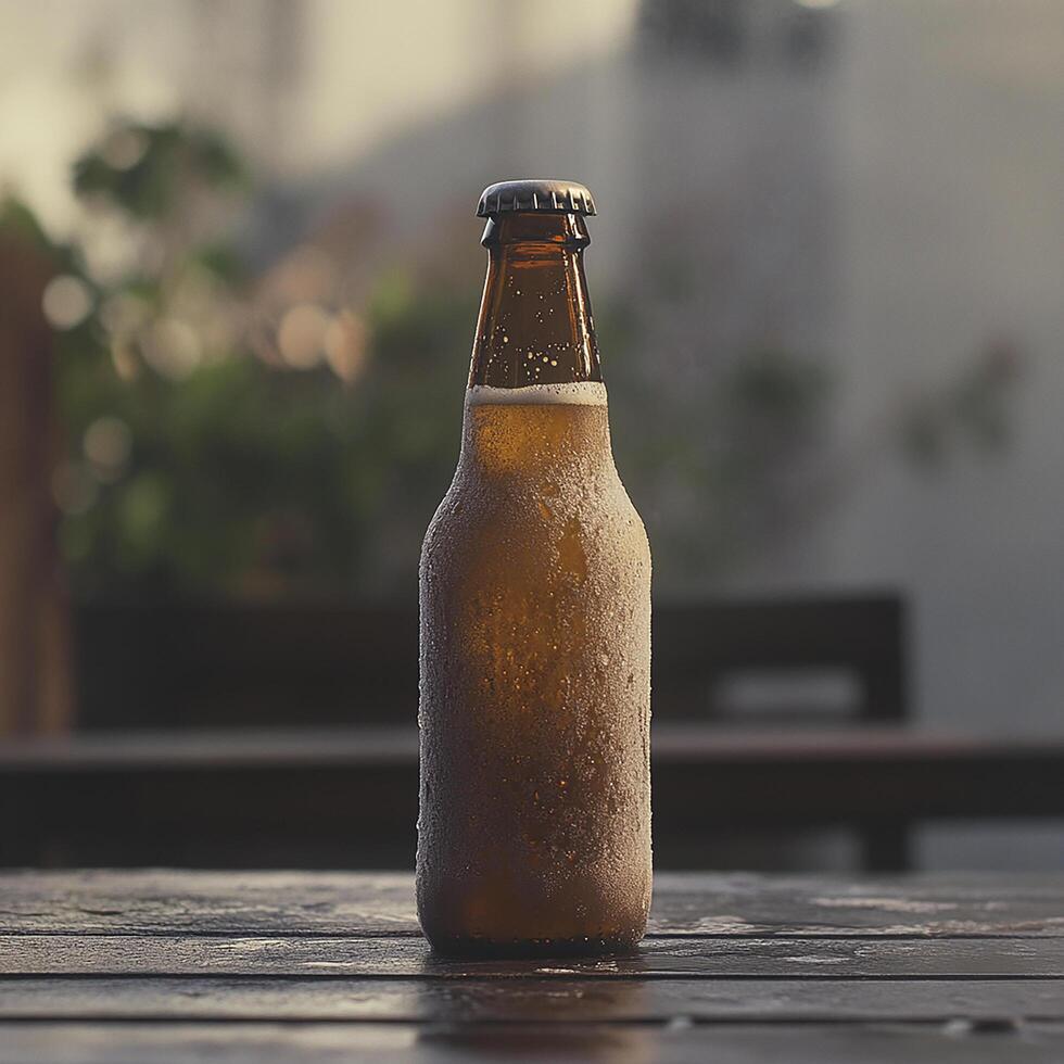 A brown bottle of beer sitting on a table photo