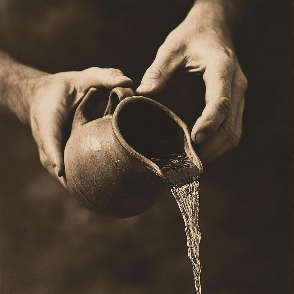 A man pouring water from a jug into a pot photo