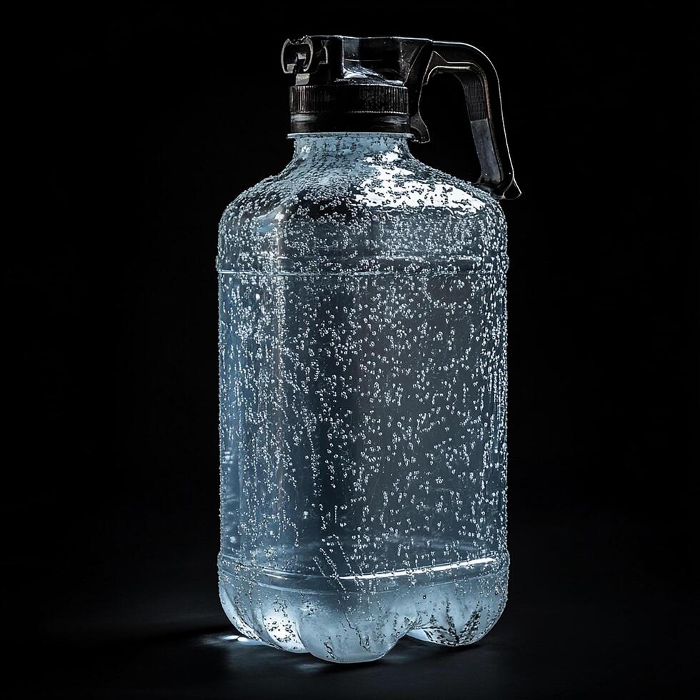 A large plastic water bottle with a black handle photo