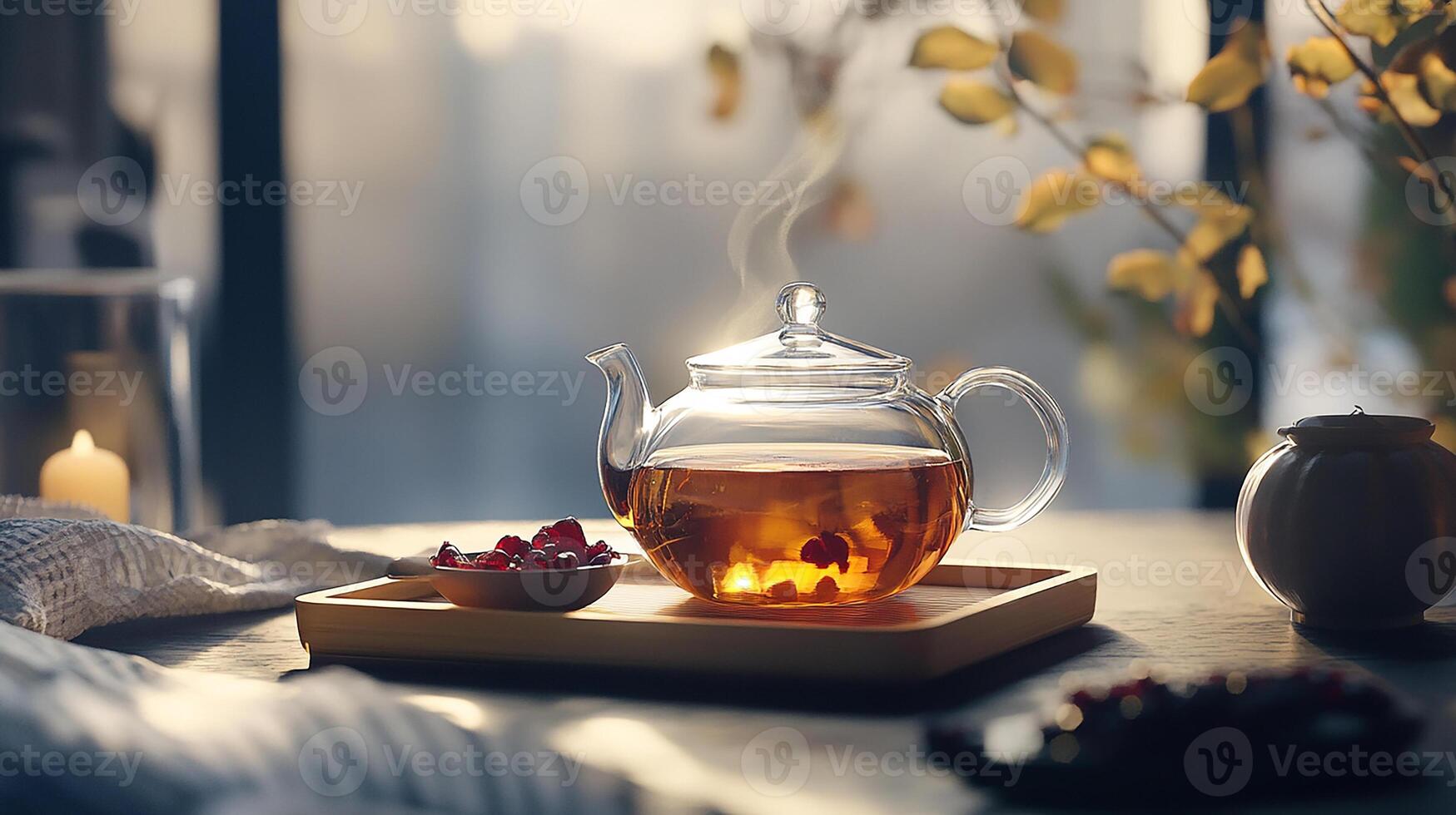 A tea pot on a tray with a bowl of berries photo