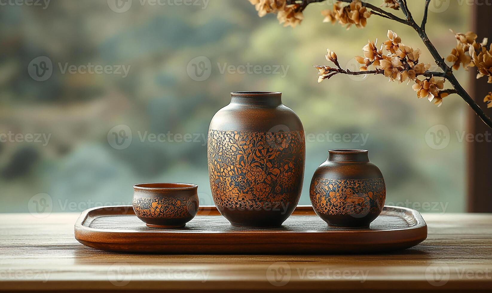 A table with three vases and a flower on it photo