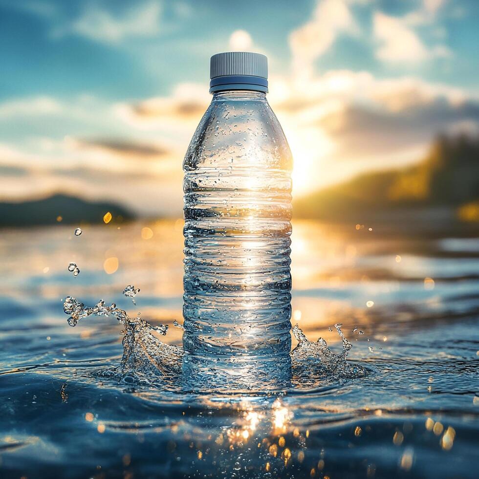A bottle of water is floating in the water photo
