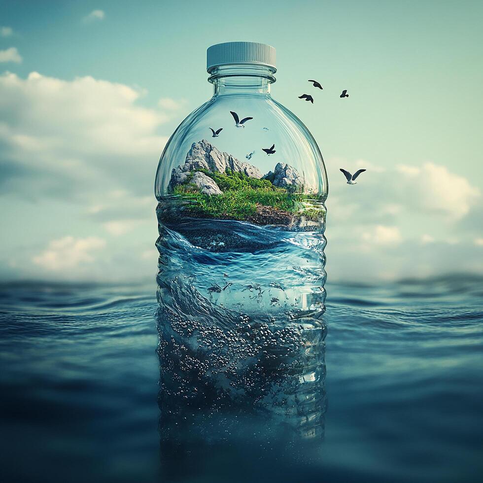 An island is inside a bottle with water and birds flying photo