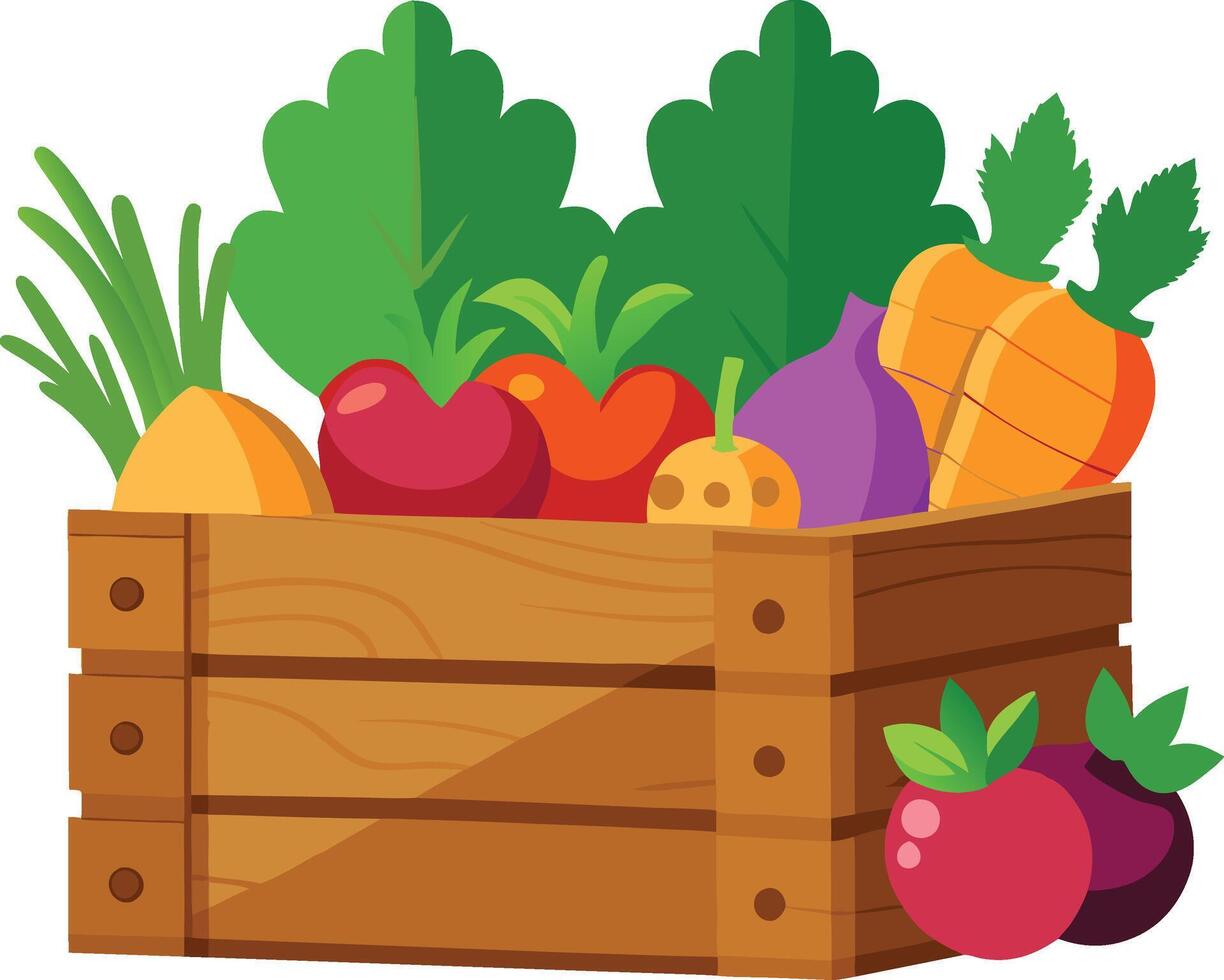 a wooden box with a box of vegetables and fruits and vegetables. vector