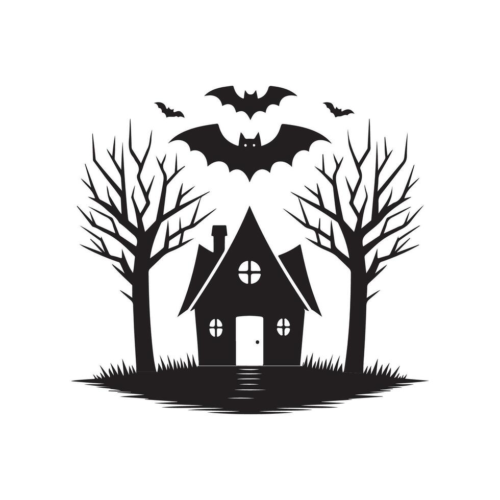 Black silhouette of haunted house with bats isolated on a white background. Concept of spooky decoration, haunted castle, minimalist style, spooky mansion, Halloween design. Print, design element vector