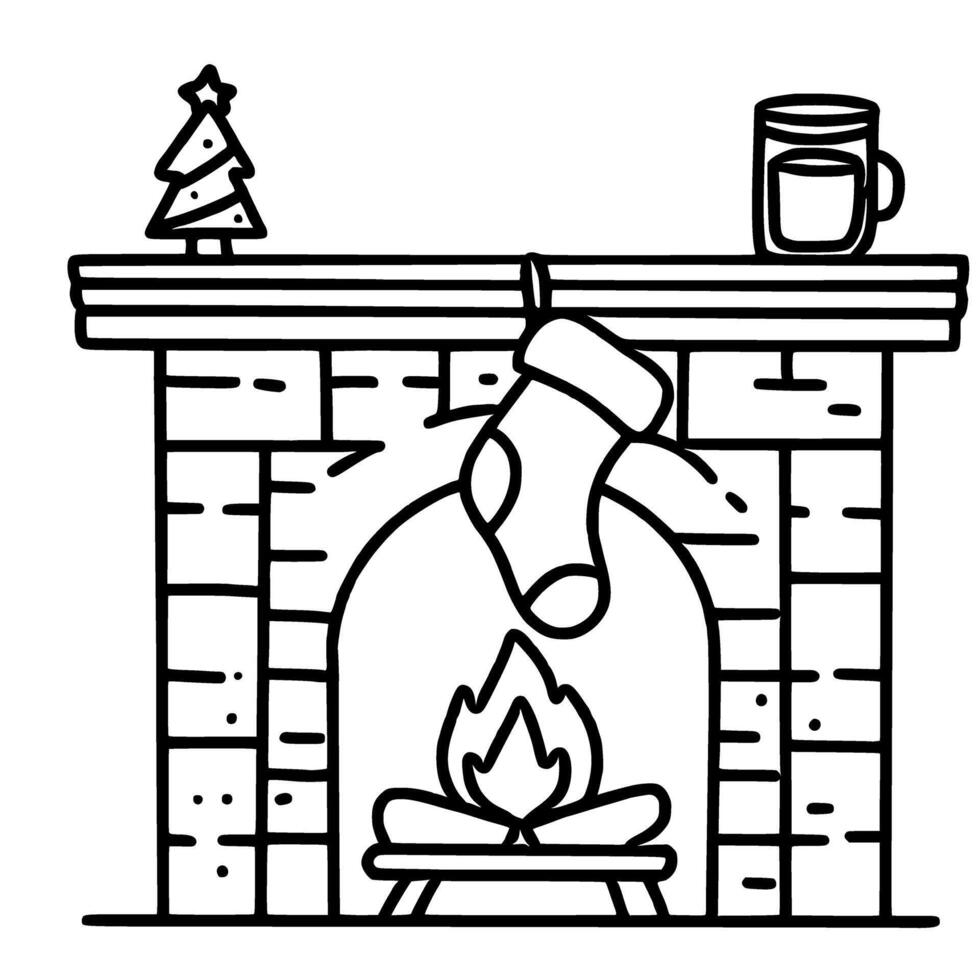 A fireplace with a stocking and a mug of coffee vector