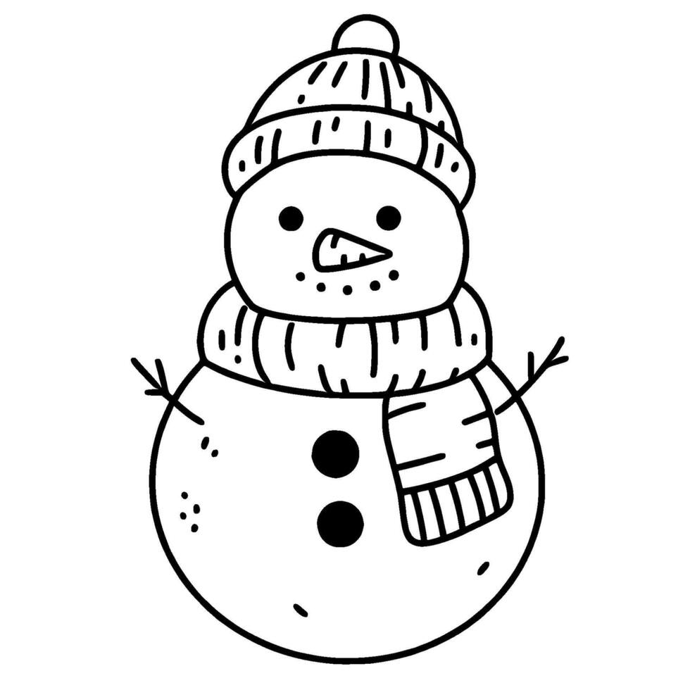A black and white drawing of a snowman with a hat and scarf vector