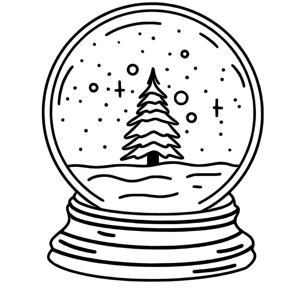 Line art doodle Hand drawn Christmas Winter graphic illustration isolated on white background color editable Christmas tree in a snowglobe vector